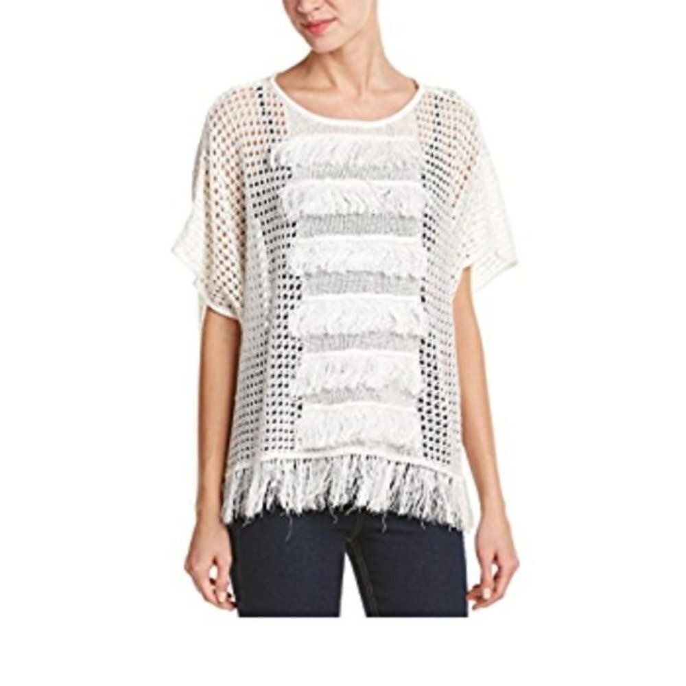 Trina Turk Crochet Fringe Poncho Top White S Womens Short Sleeve Boho Beach